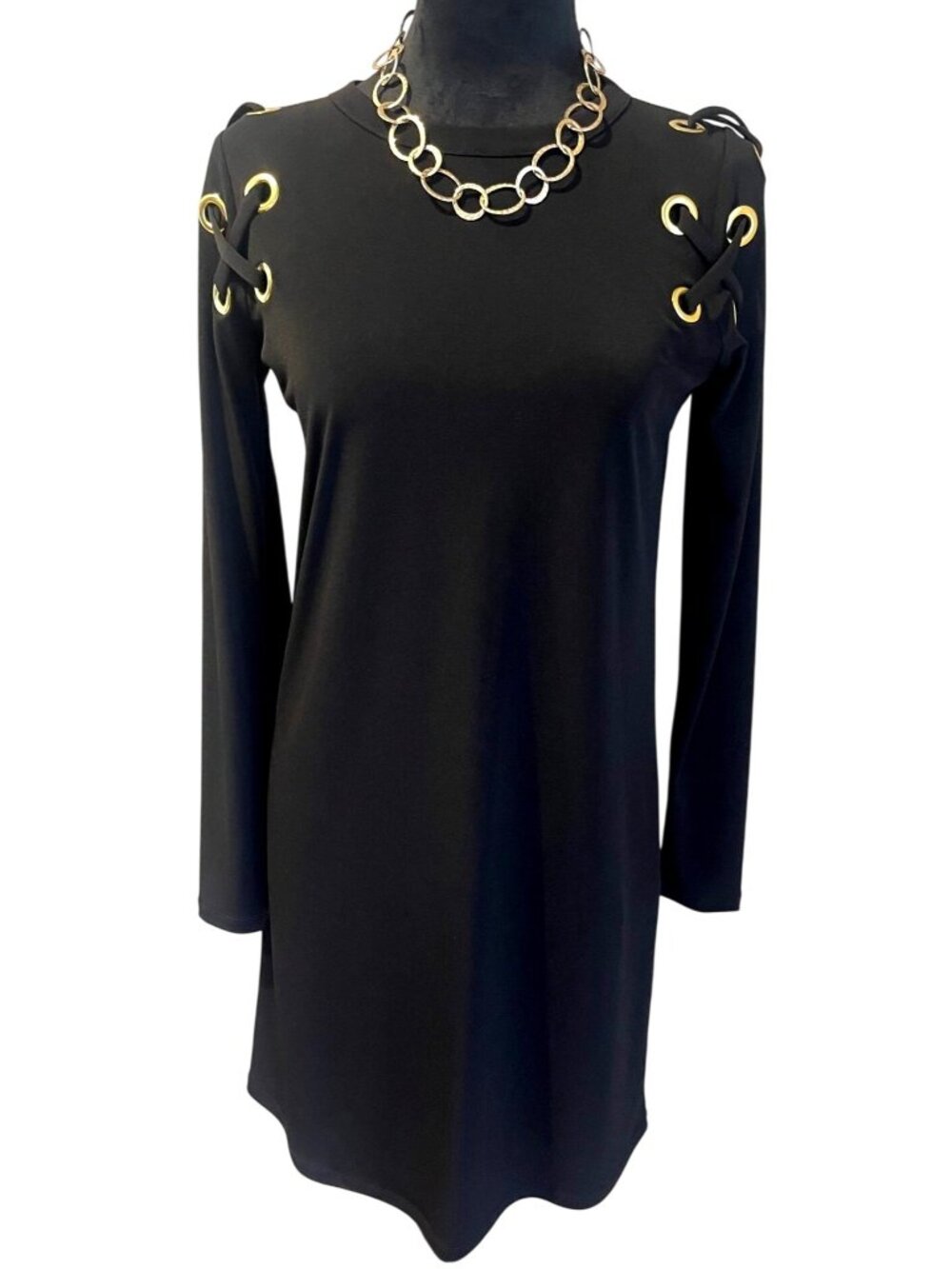 NWOT Michael Kors Women's XS Black Bodycon Mini Dress Gold Grommet Detail Party